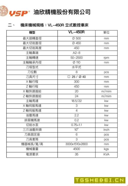 油欣VL-450R数控立式车床加工高度为450mm,回转直径55.